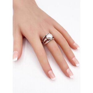 UNOde50 Silver Plated Faux Pearl Statement Ring Wide Band Modern Designer SZ 8.5